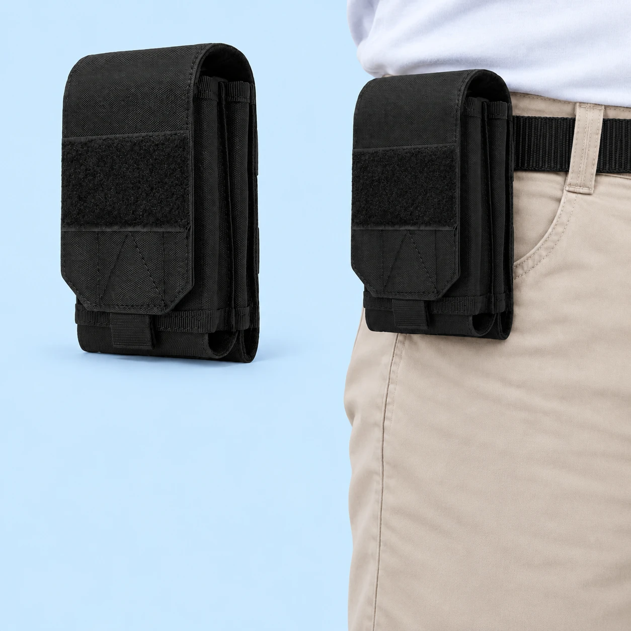 Complete closed black long-flap phone belt pouch with exterior textured panel, sewn side tubes and low webbing, beside the same closed pouch in stationary belt carry on pale blue. Rear attachment and interior remain hidden; belt and clothing are props., square composition