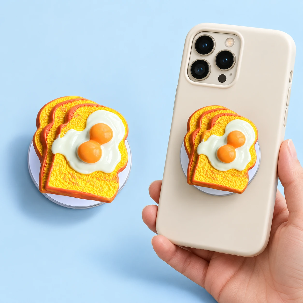 Fried-egg toast magnetic phone grip, complete closed assembly and supported phone-use illustration