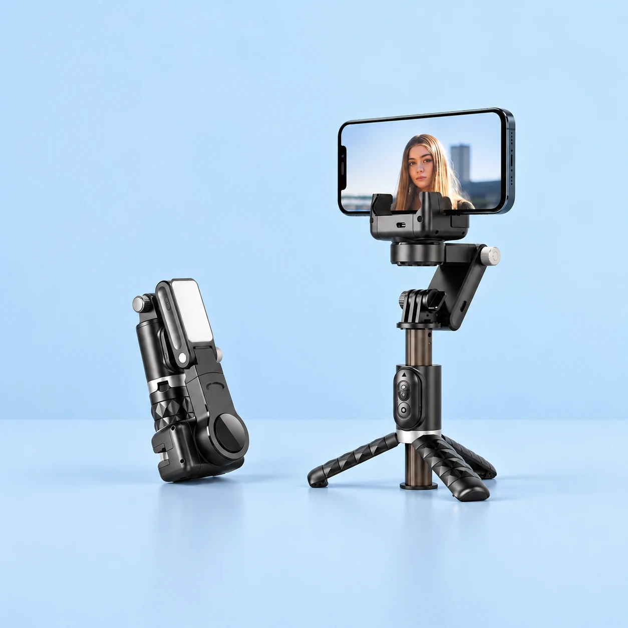 Black Q18 Foldaway Three-Foot Phone Support; product and illustrative use on pale blue. Phone and scene props excluded., square composition