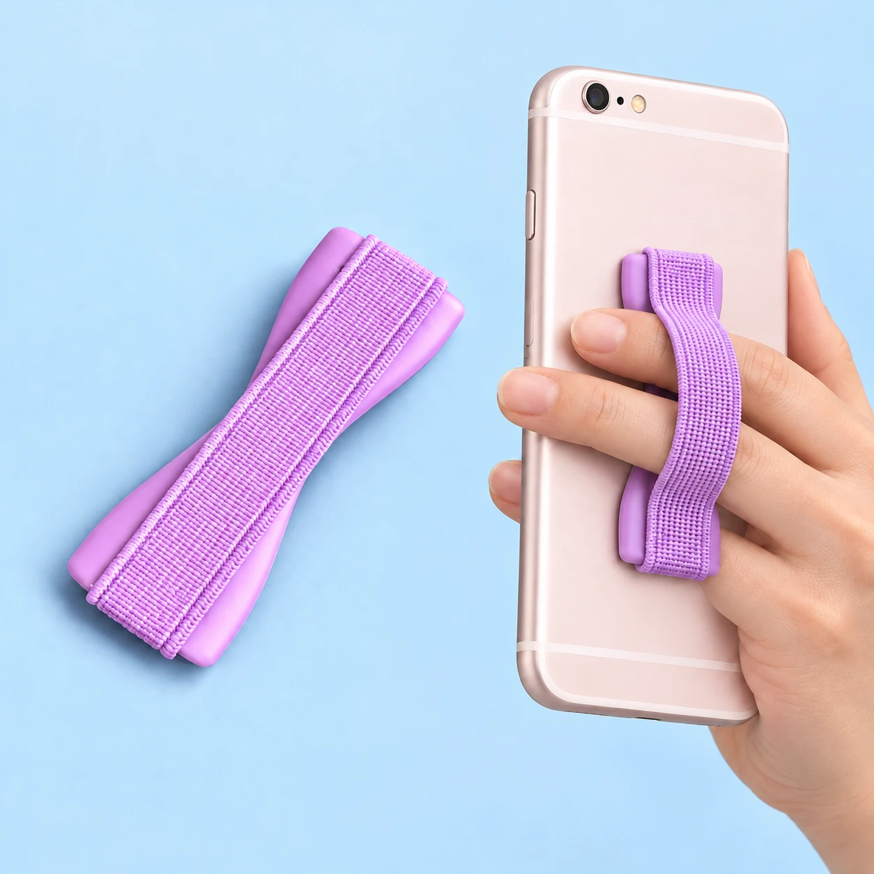 Lilac hourglass-backed phone finger strap with woven bridge, shown complete and in hand-supported phone use.