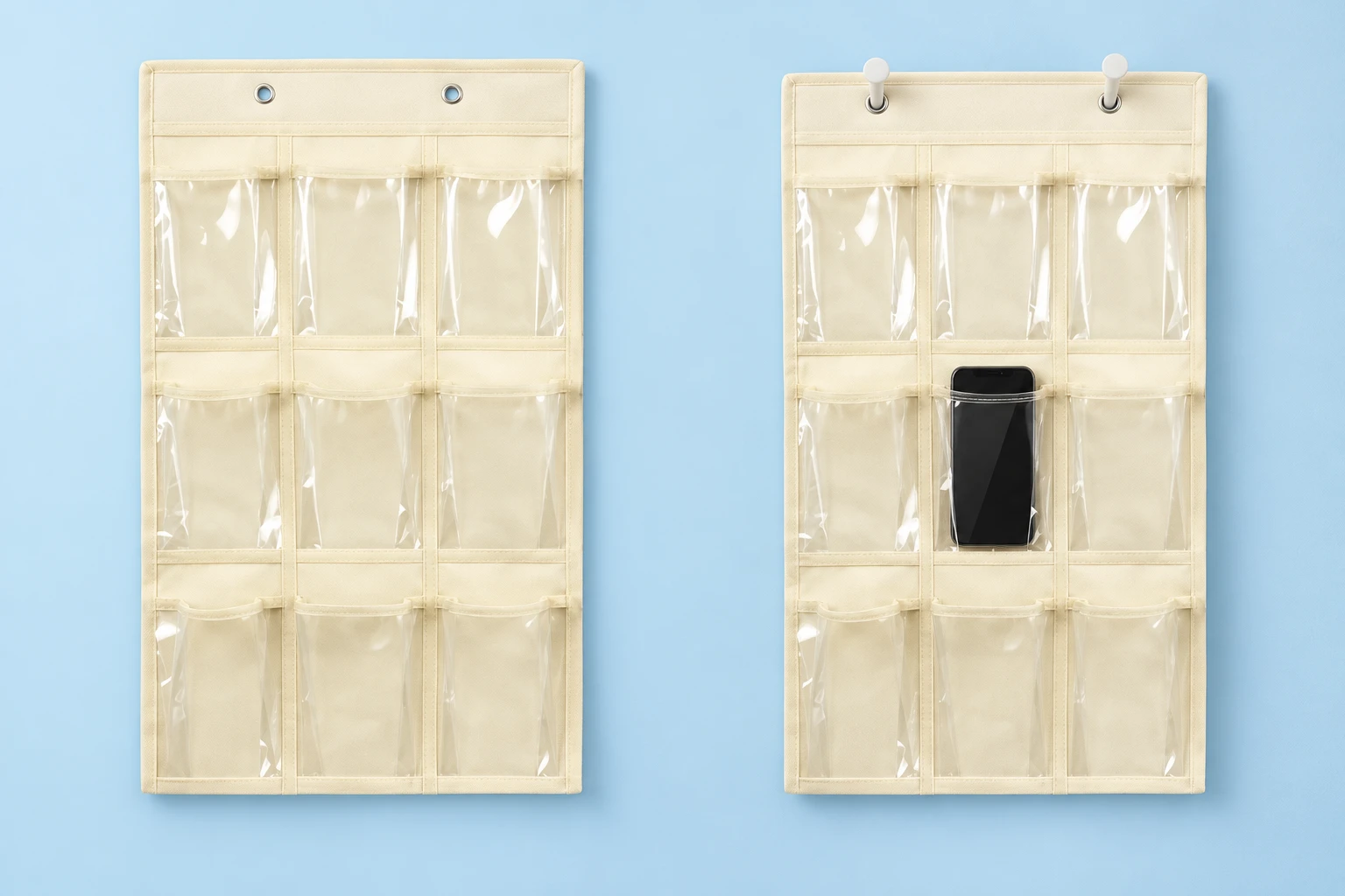 Ivory Nine-Pocket Hanging Phone Storage Panel; product and illustrative use on pale blue. Phone and scene props excluded.