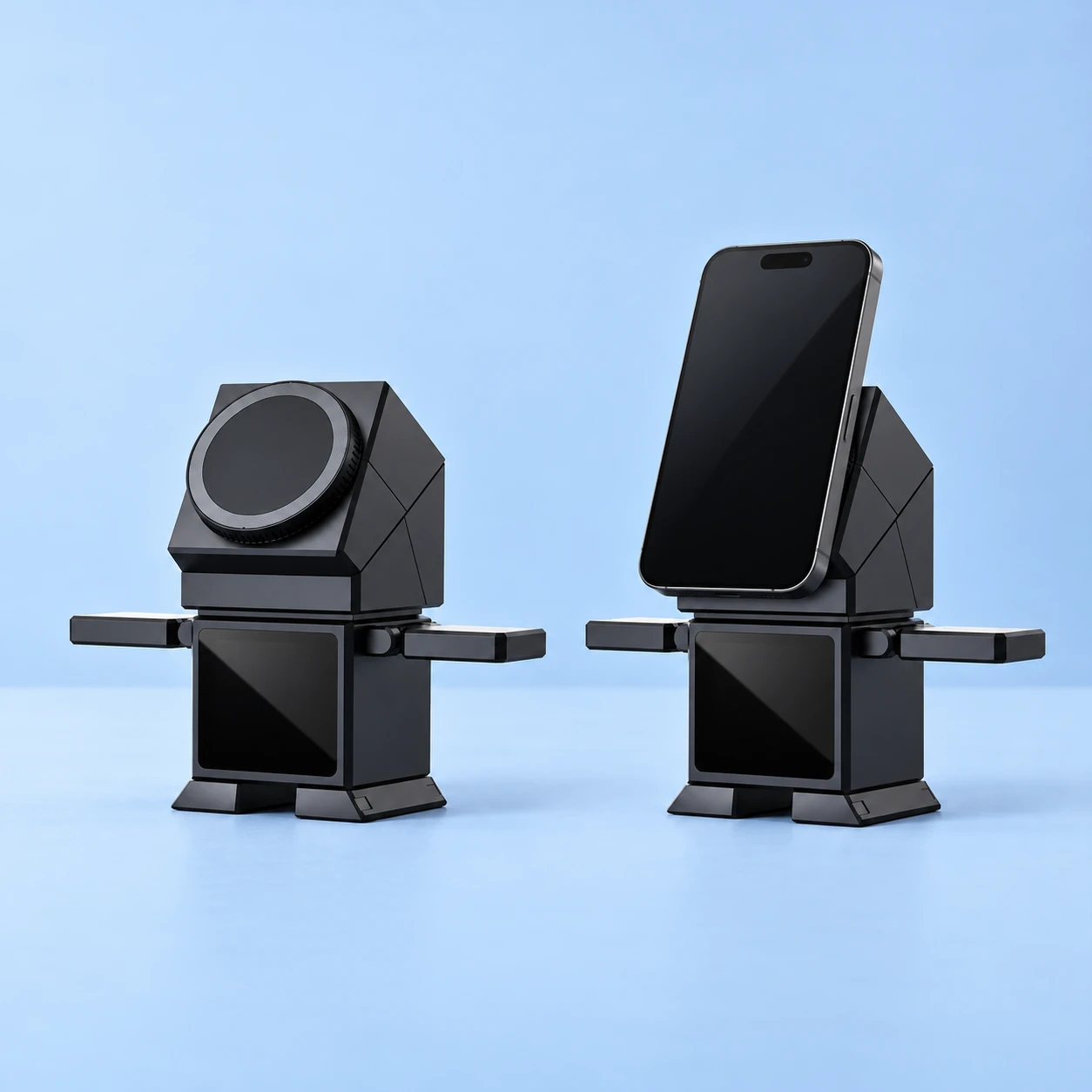 Dark-Gray Split-Head Robot Phone Dock; product and illustrative use on pale blue. Phone and scene props excluded., square composition