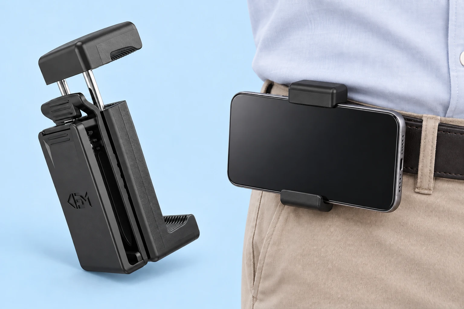 Black Twin-Rod Belt-Clip Phone Holder; product and illustrative use on pale blue. Phone and scene props excluded.