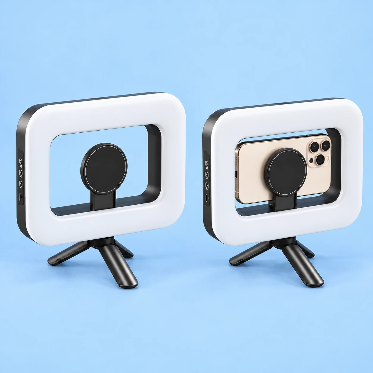 Complete black ZGRL01 rectangular frame-light kit with its original low folding mini tripod and empty central magnetic phone support at left; the identical kit supports a stationary landscape demonstration phone at right on pale blue. Both lamps off; phone not included., square composition