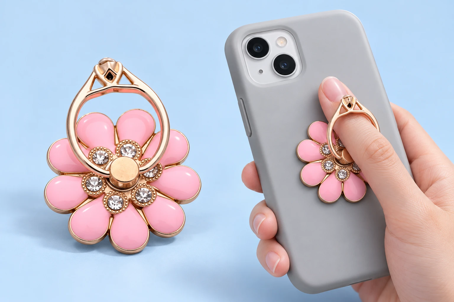 Pink Jeweled Nine-Petal Flower Phone Ring Holder