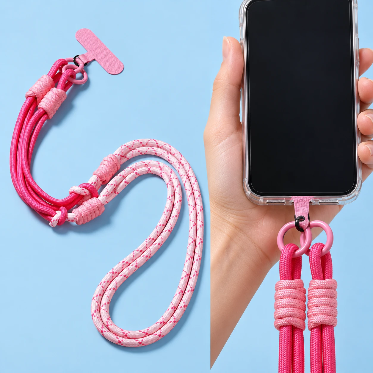 Pink and rose two-section cord phone lanyard with four wraps, two original gates and matching case anchor, shown complete and in supported use.