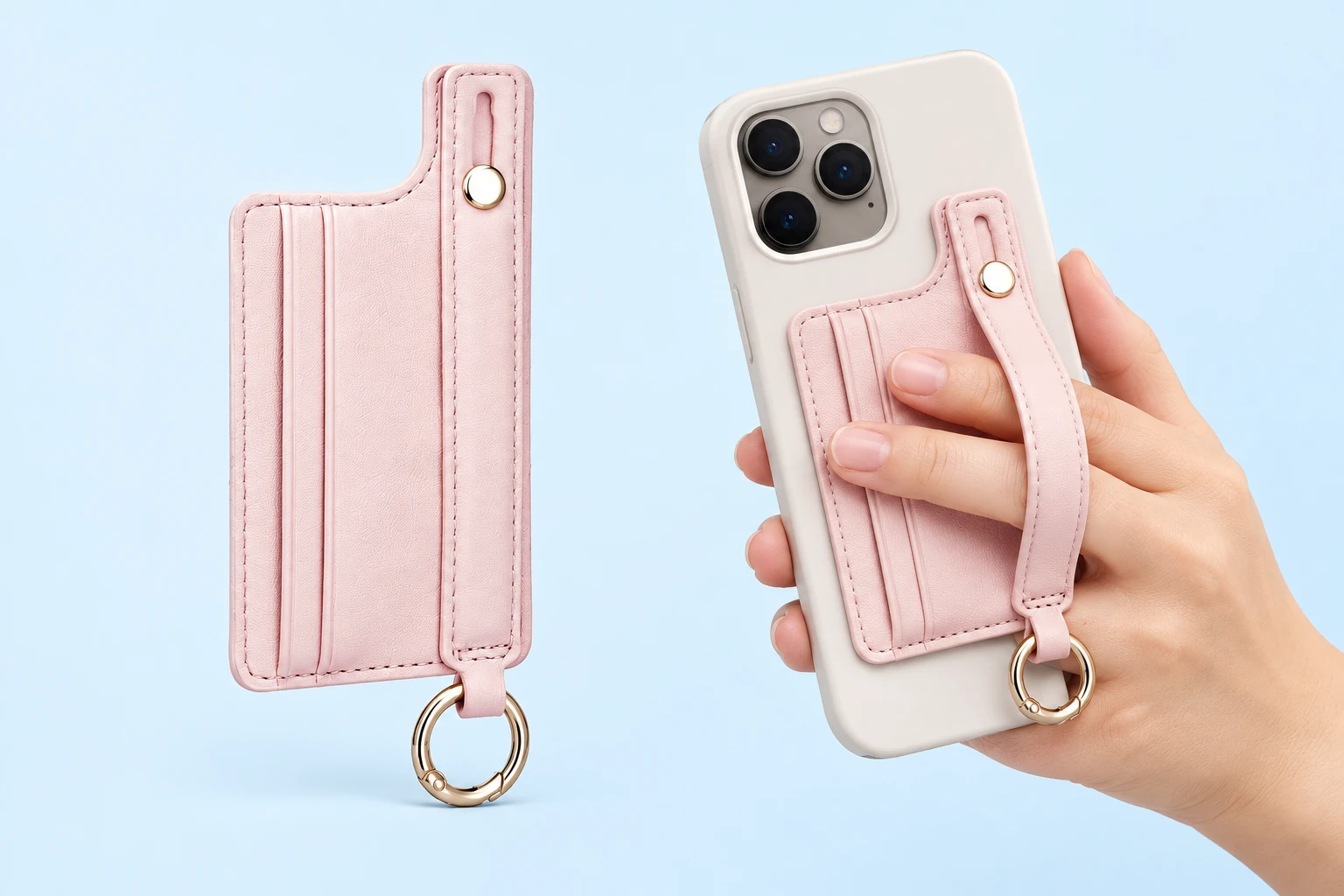 Pastel Pink Stepped Phone Card Pocket with Sliding Hand Strap photo