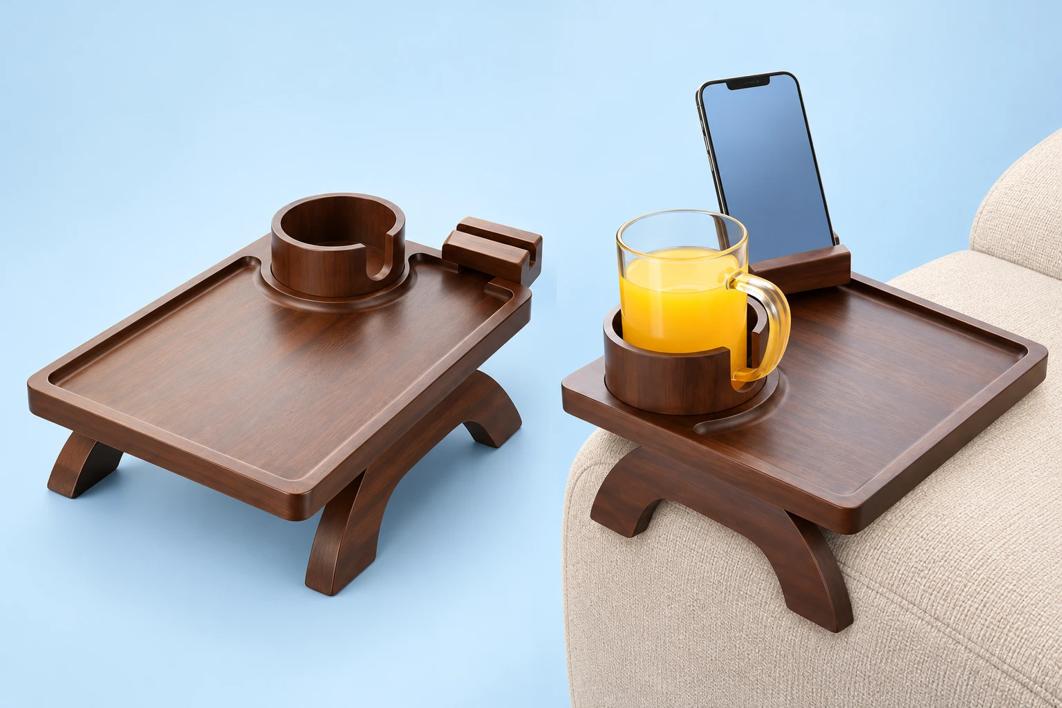 Brown Sofa-Arm Tray with Cup Sleeve and Phone Groove