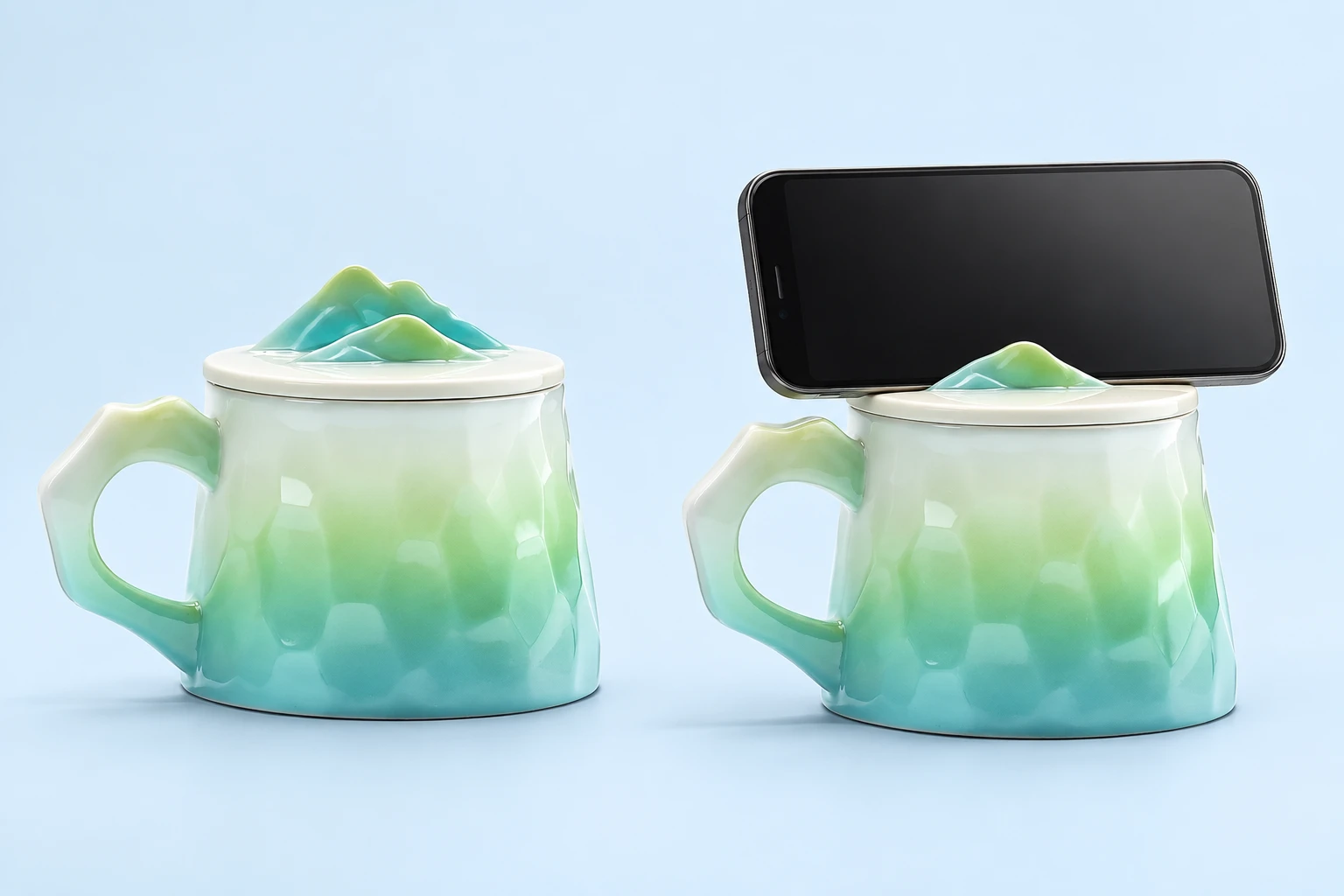 Green Mountain-Ridge Mug and Phone-Support Lid; product and illustrative use on pale blue. Phone and scene props excluded.