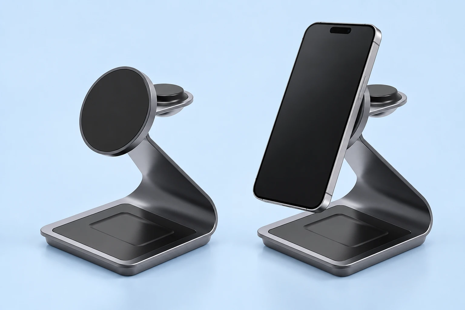 Complete gray swept-arm charging stand with its square base, circular phone face and rear watch perch at left; the same stand supports a stationary portrait demonstration phone at right on pale blue. Phone is not included.