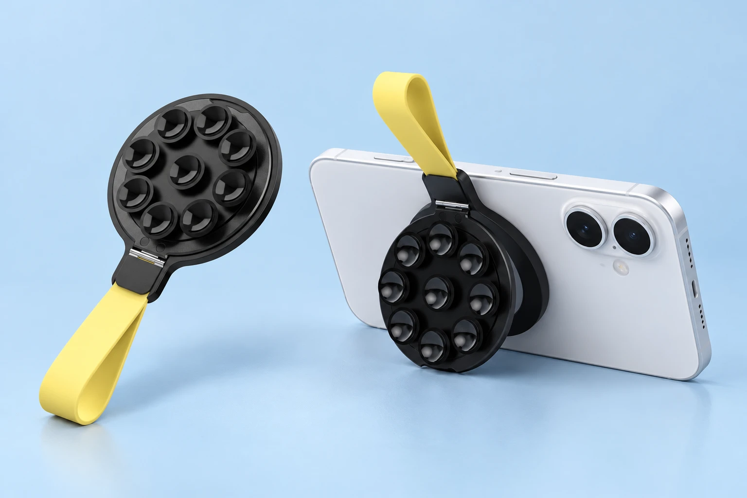 Black and yellow complete nine-cup folding phone kickstand at left; same holder supporting a landscape phone on a tabletop at right. Phone is not included.