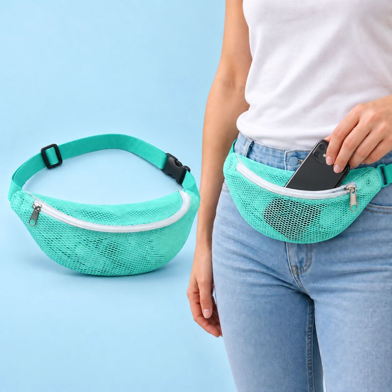 Mint open-mesh waist pouch with curved white zipper and adjustable strap, shown complete and in a hand-supported partial phone-storage illustration.