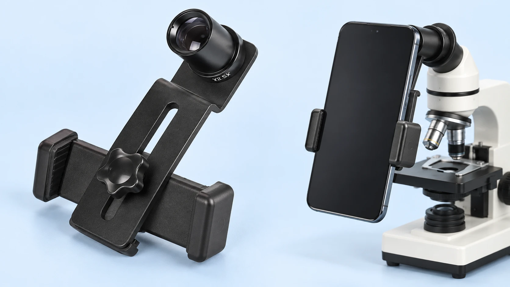 Complete black slotted-plate microscope phone adapter with its original threaded eyepiece at left, and the same original jaws holding a portrait demonstration phone at a stationary tabletop microscope at right on pale blue. Phone and microscope are not included.