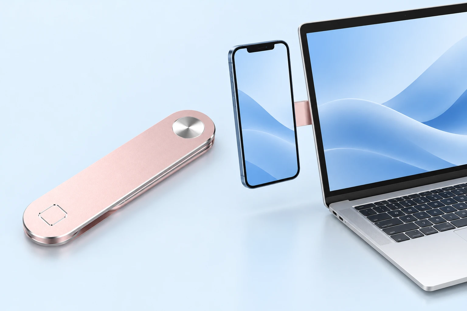 Rose pink folding laptop phone holder and illustrative laptop-side phone placement