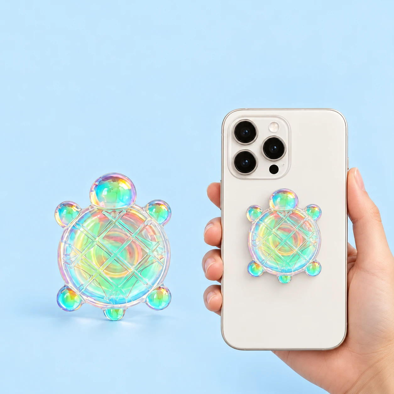 Iridescent bubble turtle phone grip with grid-textured shell and clear base, shown alone and closed on a phone case, square composition