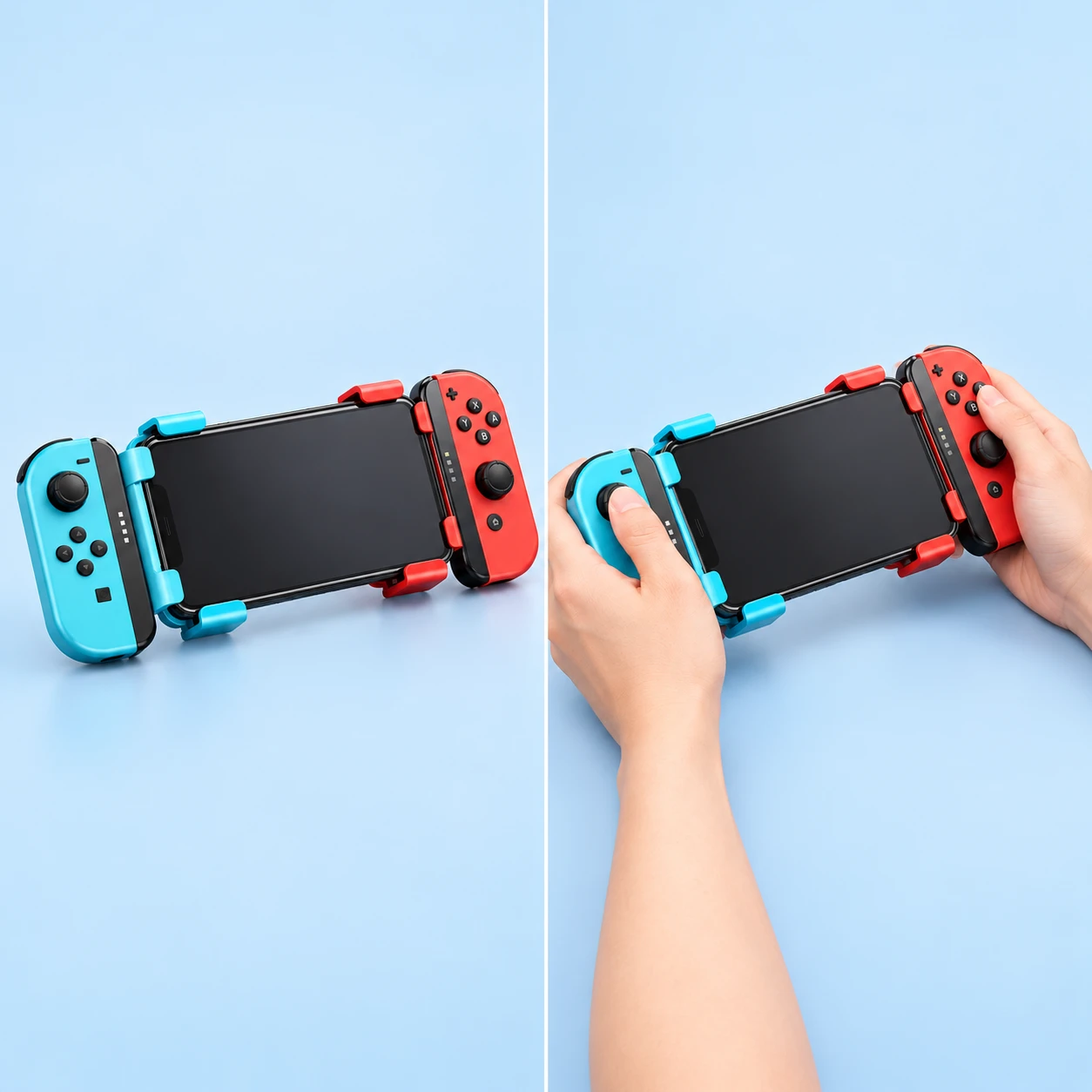 Cyan and Red N1 Side-Rail Controller Phone Clamp Adapters; product and illustrative use on pale blue. Phone and scene props excluded., square composition