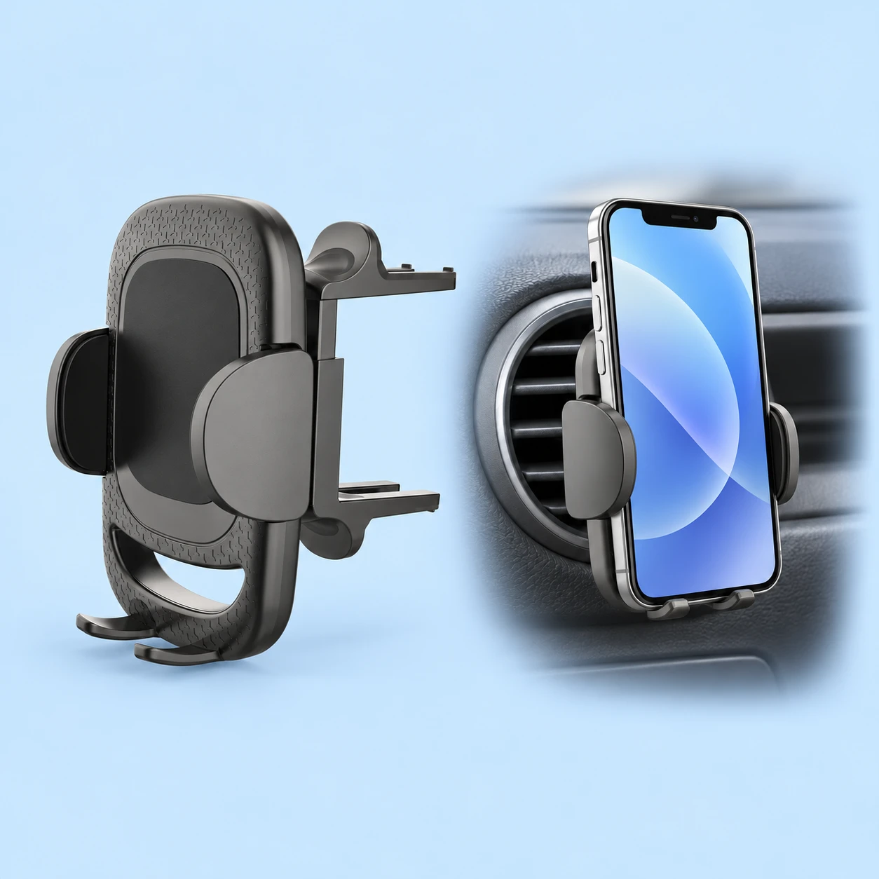 Complete black two-level fork round-vent phone cradle at left; the same cradle supports a portrait demonstration phone in an intended stationary compatible round-vent scene at right on pale blue. Rear attachment contact is hidden; phone and vehicle are not included., square composition