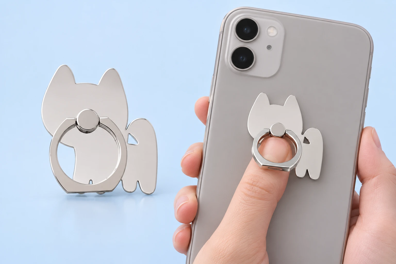 Mirrored curled-tail cat phone ring holder and illustrative finger-loop use