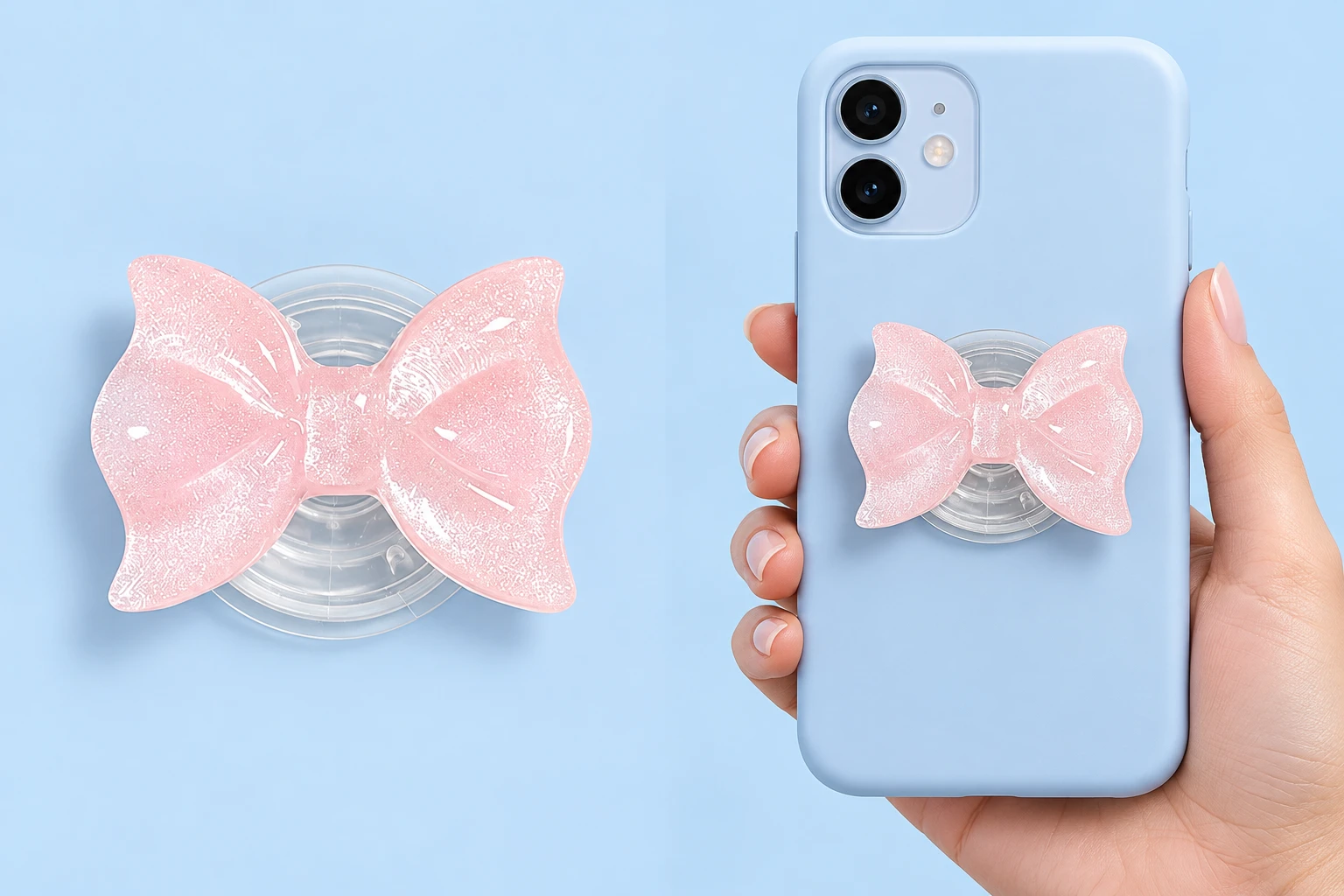 Pastel pink pearlescent molded bow phone grip on a plain clear circular base with closed phone-back placement