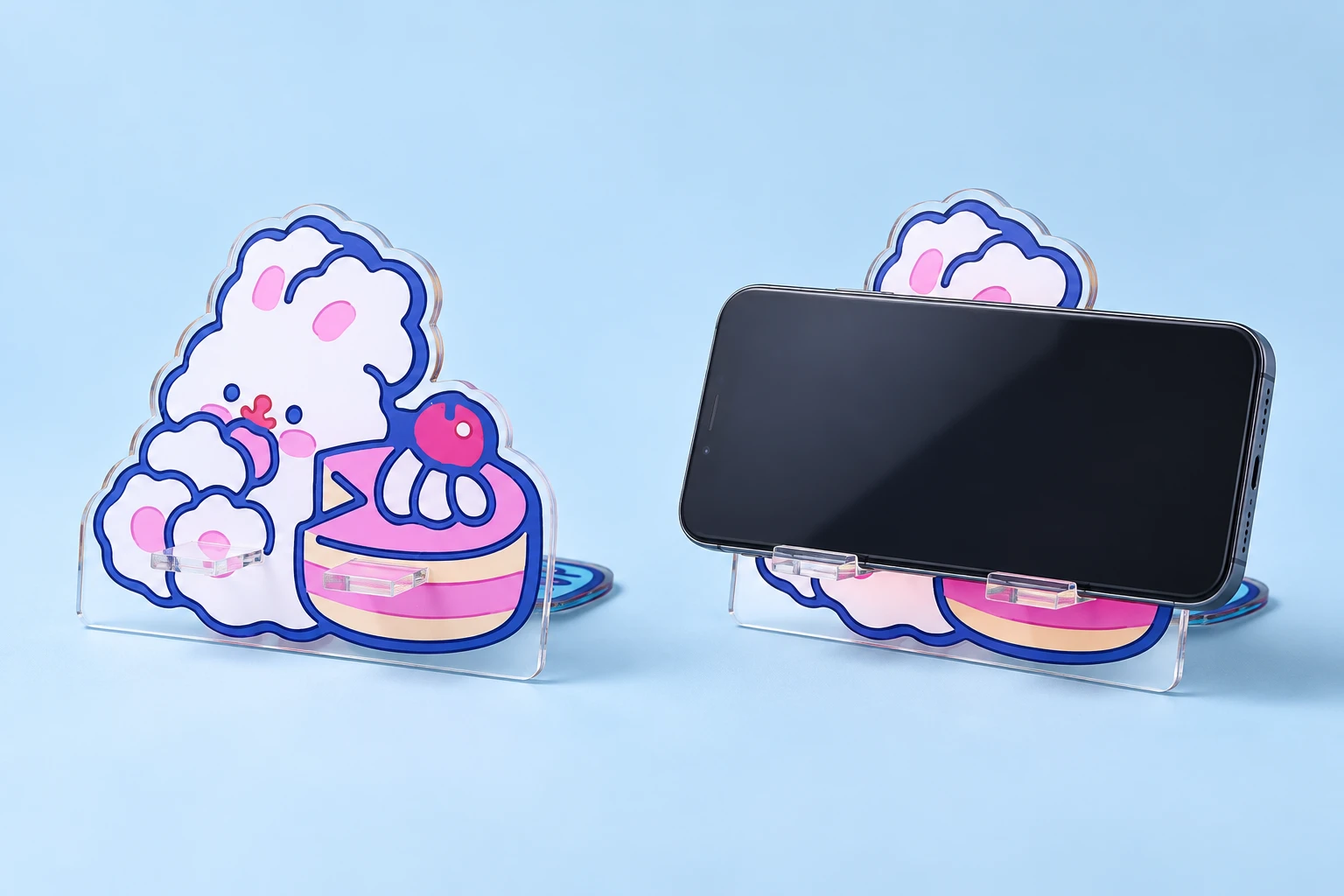 Bunny and cake two-piece acrylic phone stand and landscape phone illustration