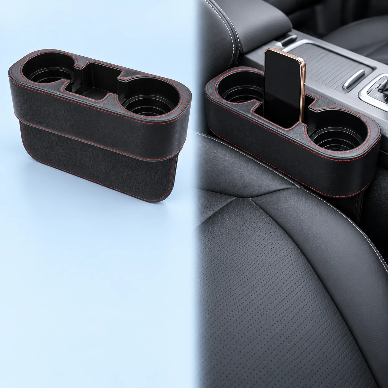 Black Seat-Gap Phone Organizer with Twin Wells; product and illustrative use on pale blue. Phone and scene props excluded., square composition