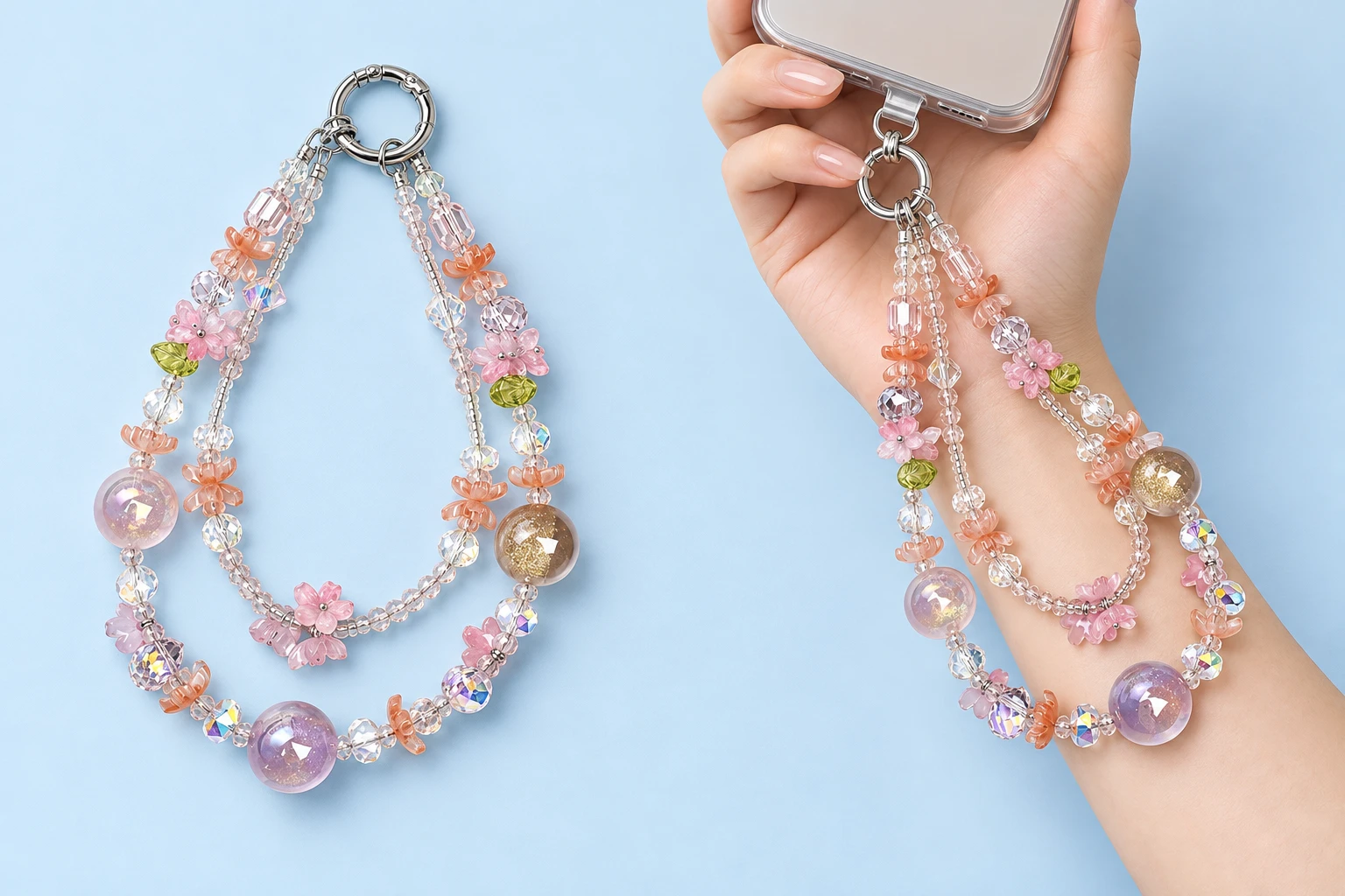 Pastel flower double-strand beaded phone lanyard with illustrative hand-supported case attachment