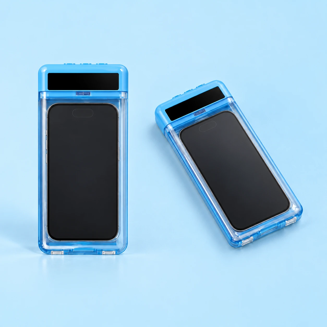 Blue transparent-front phone storage enclosure, product and stationary tabletop example on pale blue. Phone excluded., square composition