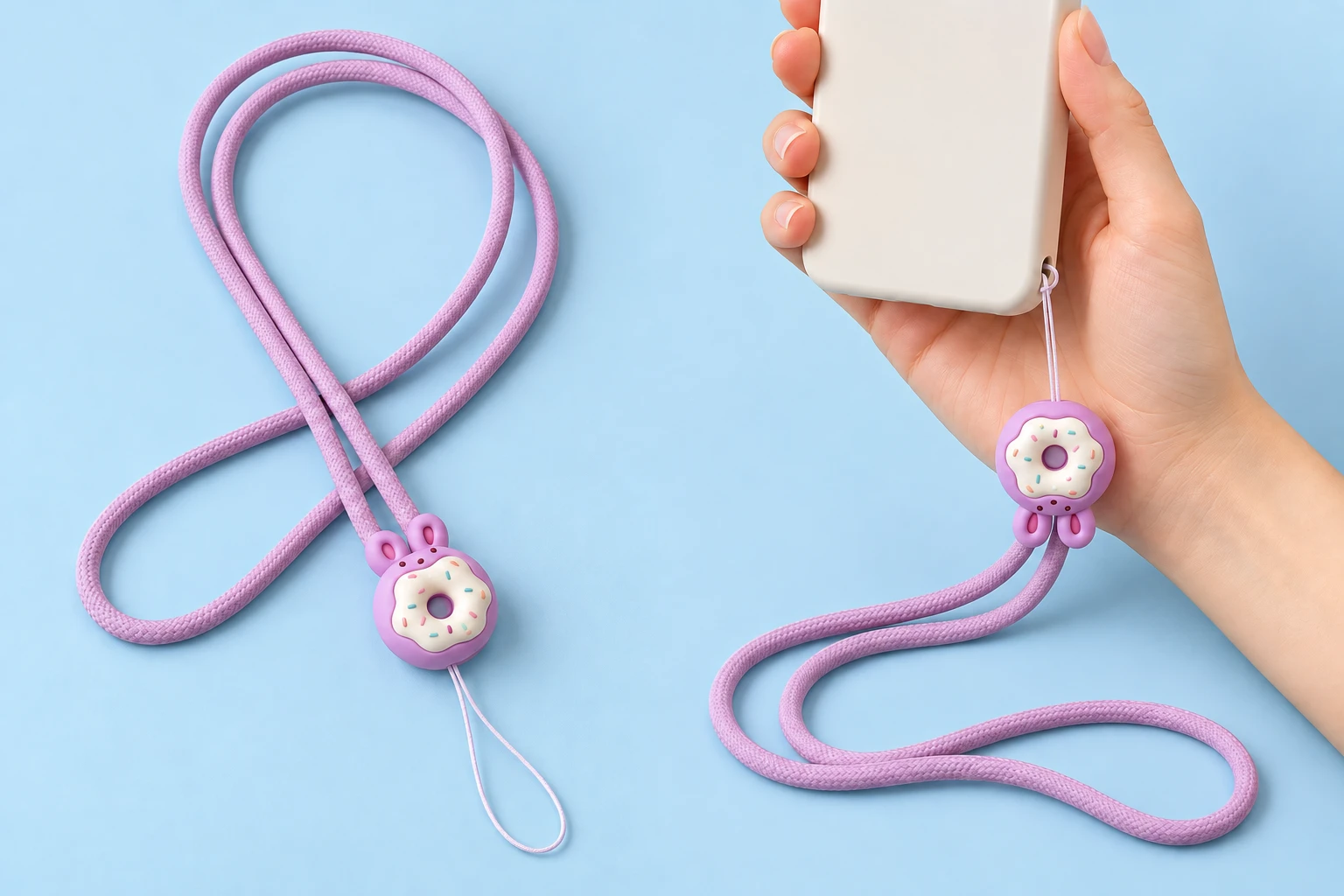 Lilac bunny donut neck phone lanyard shown complete and connected by its thin string loop to a phone-case eyelet