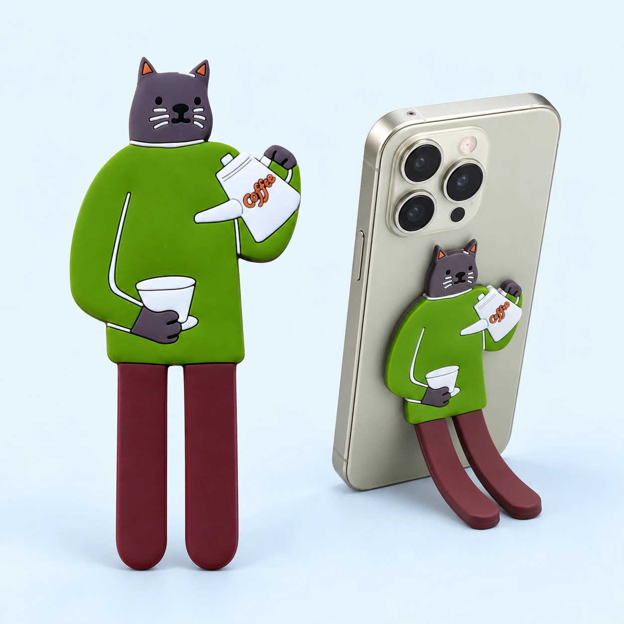 Green Coffee Cat Bendable Adhesive Phone Kickstand