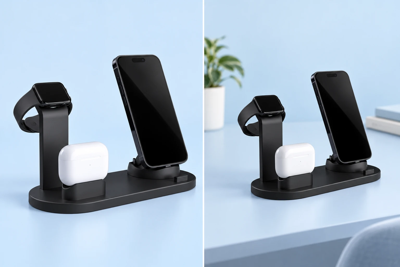 Complete black capsule-base charging dock in a source-faithful loaded catalog view at left and the same dock in stationary tabletop use at right on pale blue. Phone, watch, earbuds and their charging accessories are demonstration props, not included; no charging performance is shown.