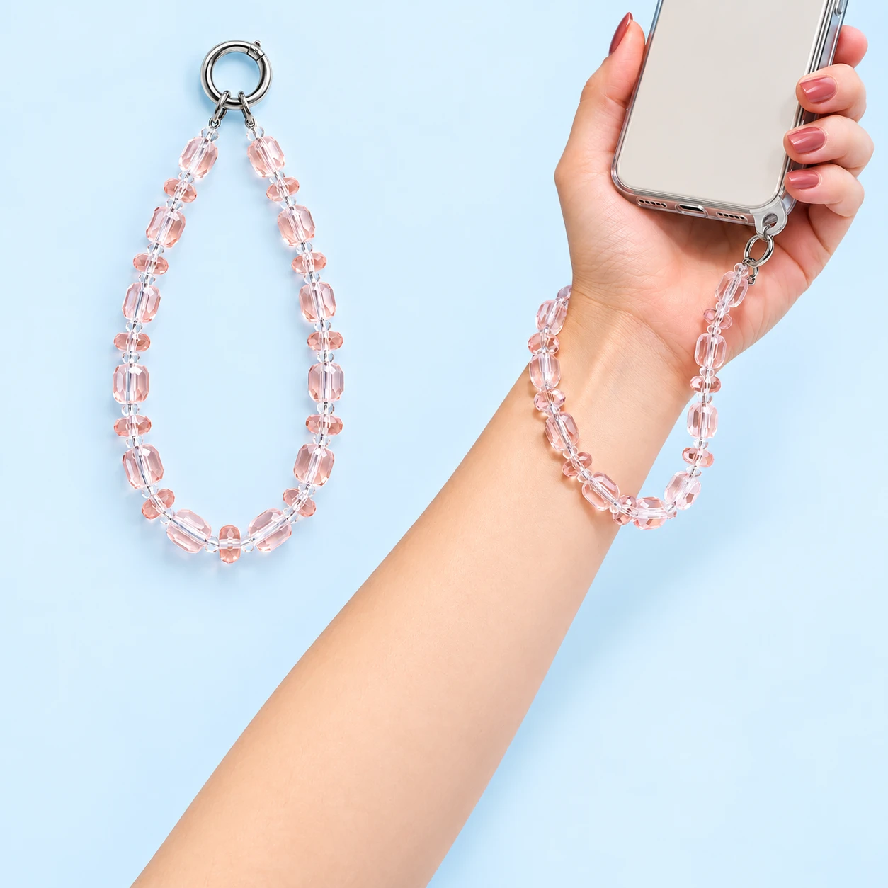 Pale Pink Faceted-Bead Wrist Phone Lanyard