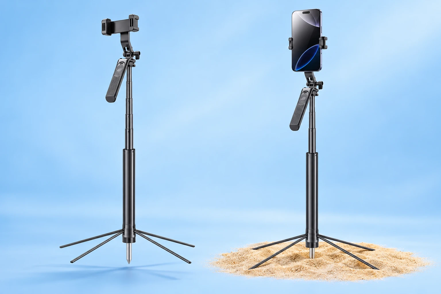 Complete black S29 four-foot selfie stand and ground spike at left, with the same no-light assembly holding a portrait demonstration phone on dry sand at right, on pale blue; phone not included.