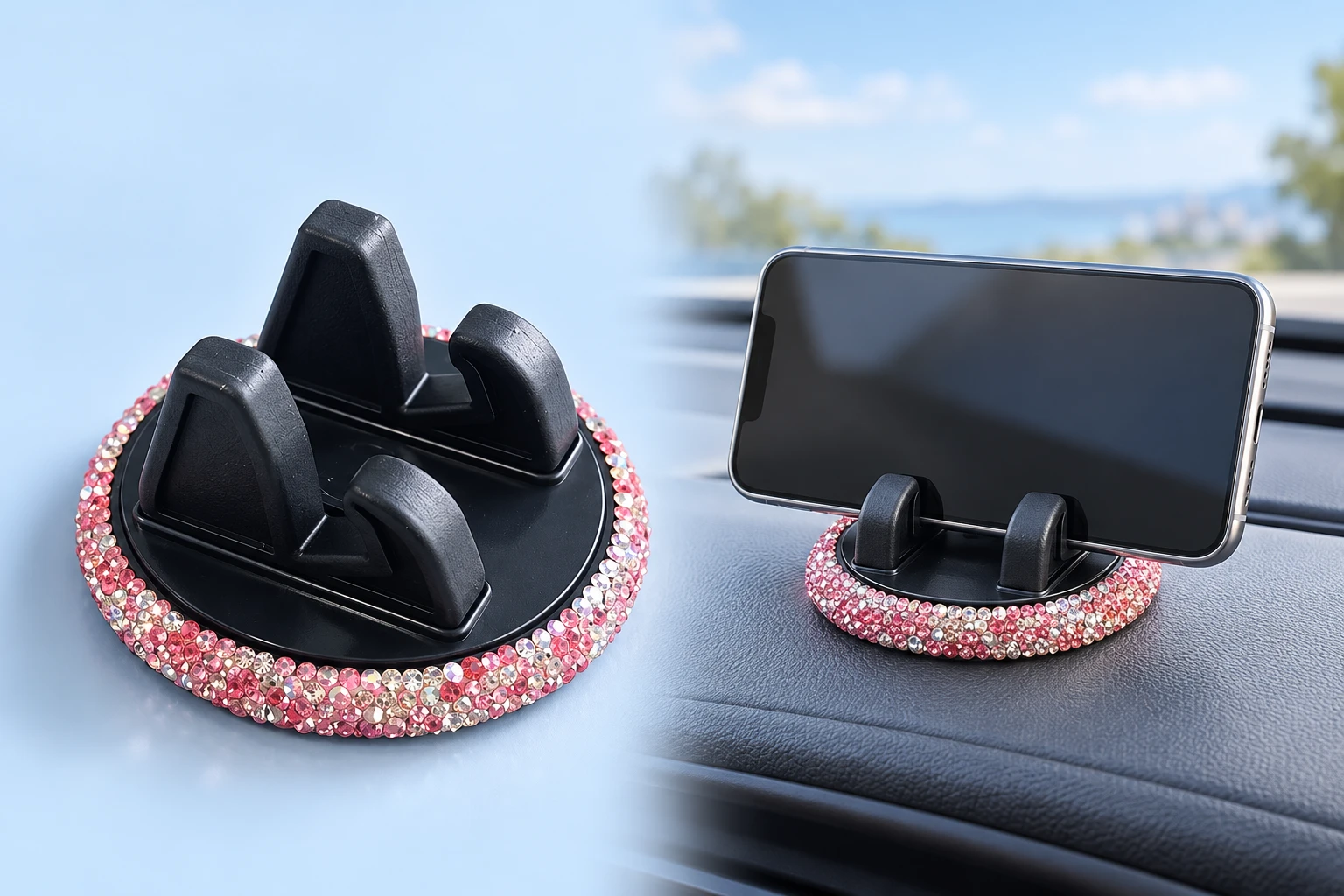 Pink Rhinestone Round Dashboard Phone Cradle