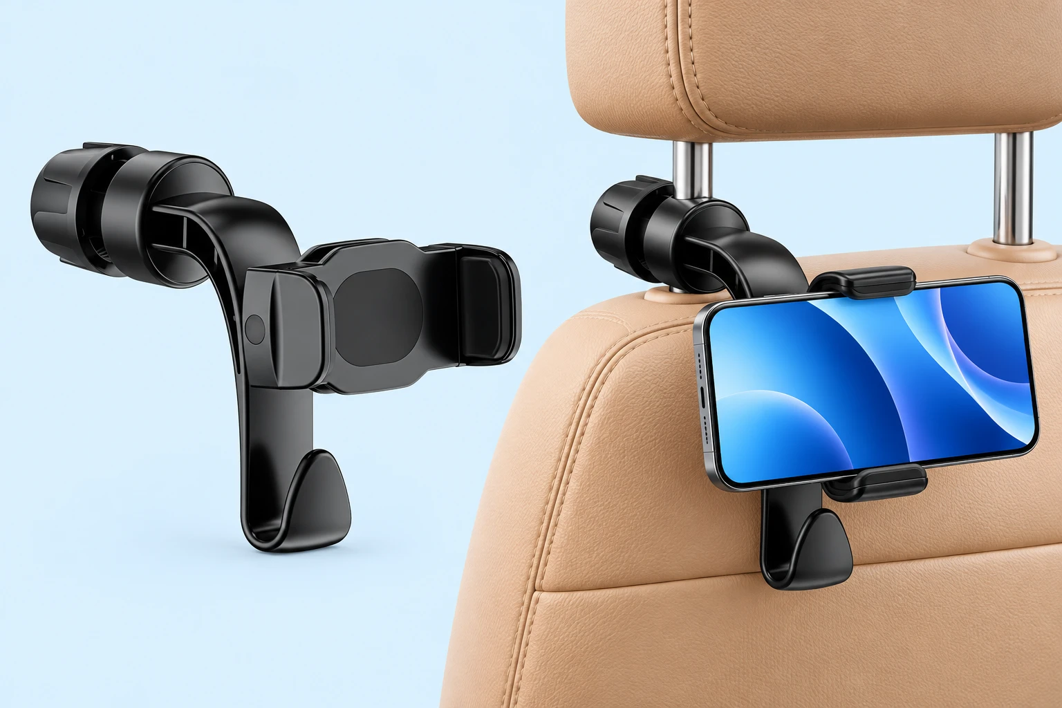 One complete black single-post headrest phone holder with integrated lower hook, shown empty on the left and holding a landscape phone on a compatible stationary seat on the right.
