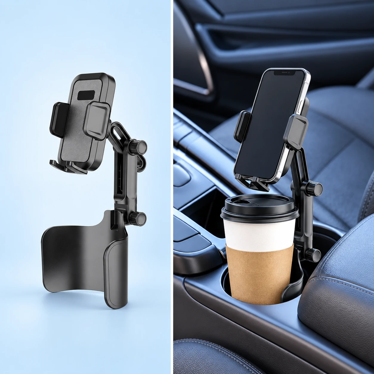 Black S37 Jointed Cup-Sleeve Phone Holder; product and illustrative use on pale blue. Phone and scene props excluded., square composition