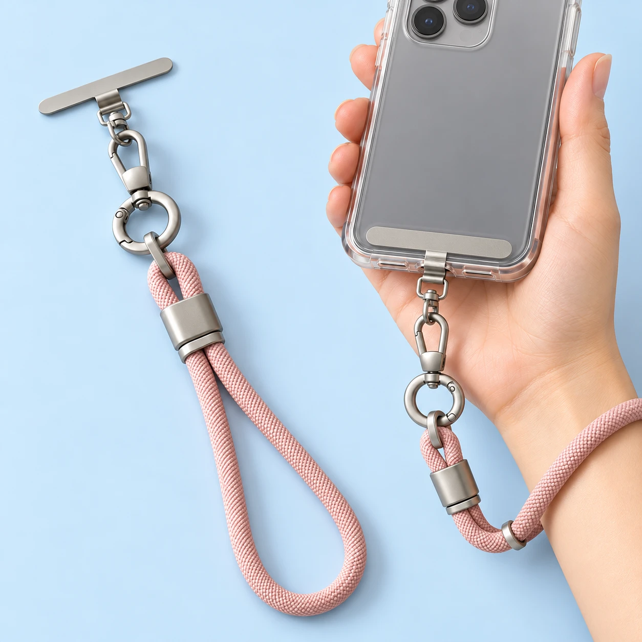 Pink cord phone wrist loop with metal T-shaped anchor, complete kit and supported compatible-case use