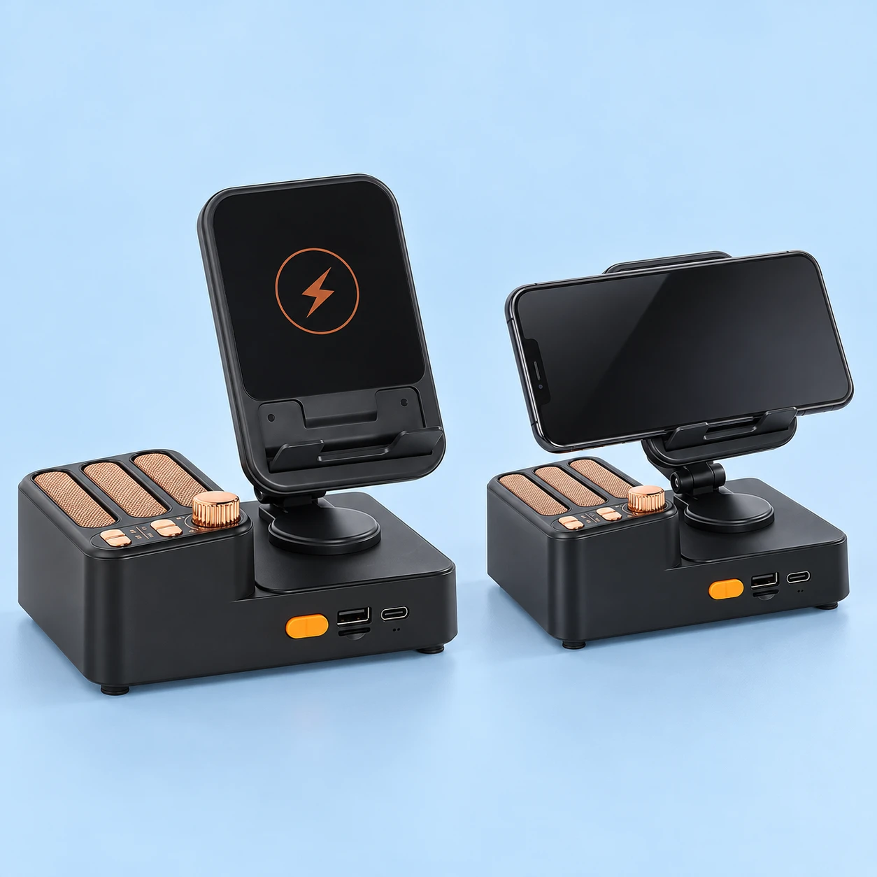 Complete black and copper stepped-speaker phone stand beside the same stand supporting a stationary landscape phone on a pale-blue background. Phone charging requires external power; cable and adapter inclusion are unconfirmed.