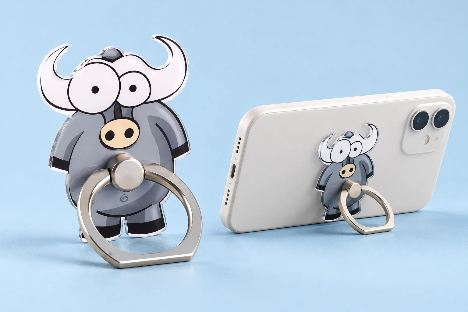 Cow Phone Ring Holder shown complete with illustrated phone use