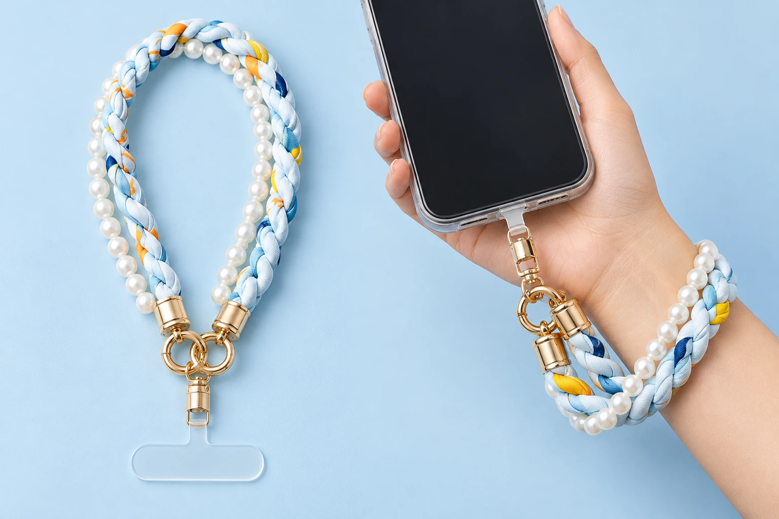 Sky-Blue Pearl-Effect Braided Wrist Phone Lanyard