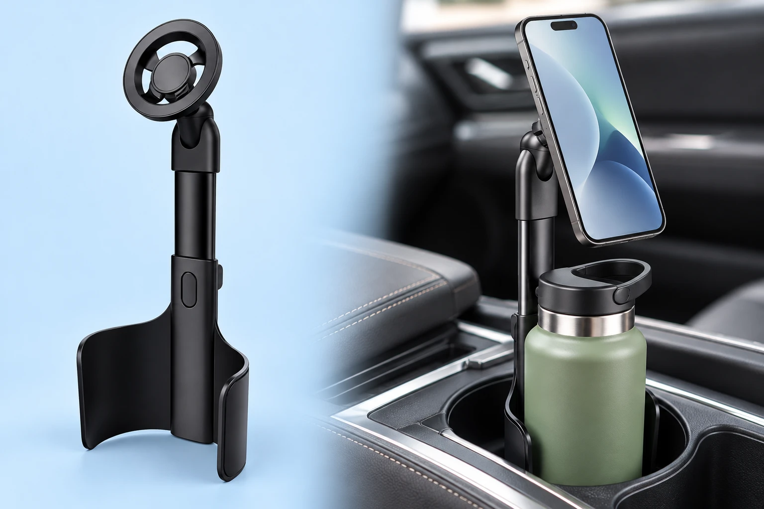 Complete black CZ663 open-bottom cup sleeve and magnetic phone holder at left, with the same original sleeve fitted around a bottle in a stationary vehicle cup recess and holding a portrait demonstration phone at right on pale blue.