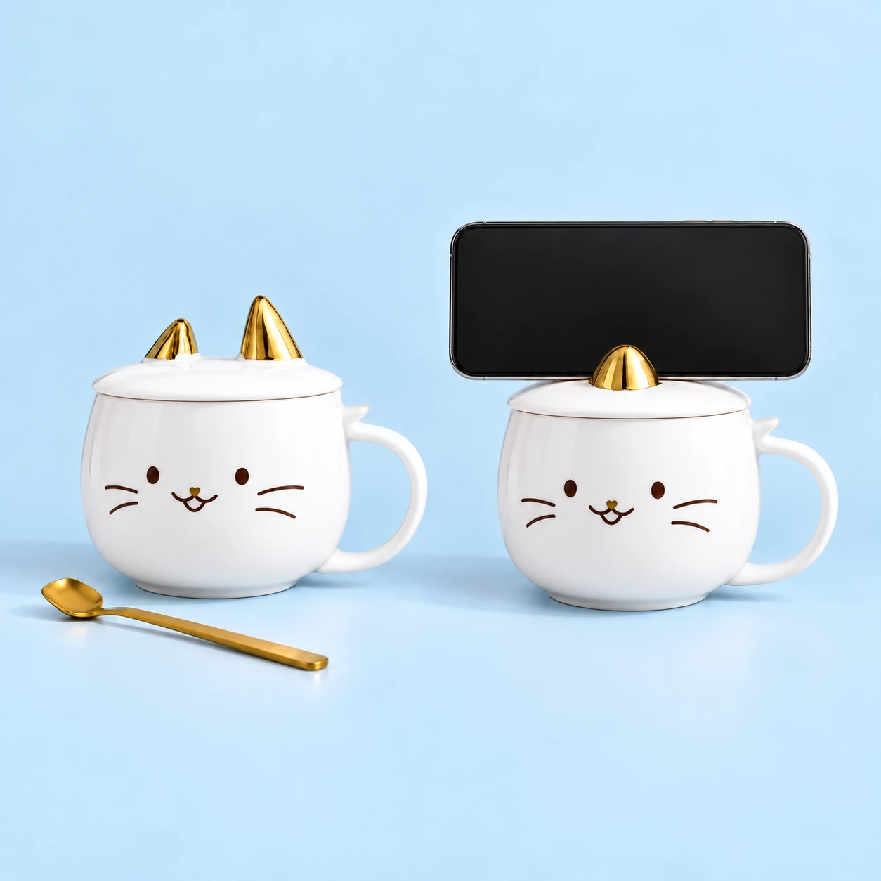 White Twin-Cone Phone-Rest Mug; product and illustrative use on pale blue. Phone and scene props excluded., square composition