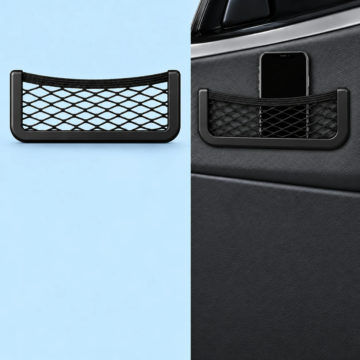 Complete empty large black U-frame mesh pocket at left against pale blue; the same wide pocket retaining a demonstration phone behind its original front mesh on a stationary vehicle-door surface at right., square composition