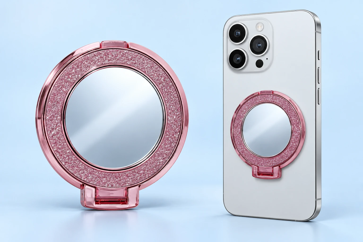 Pink glitter mirror phone ring holder and illustrative flat phone mounting