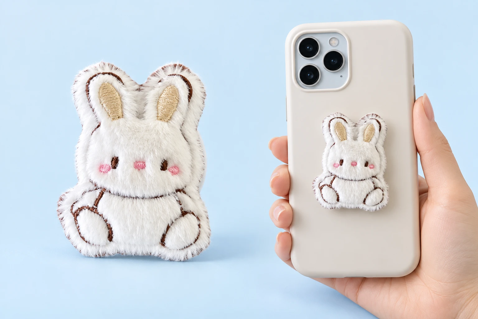 White embroidered seated rabbit plush phone grip shown complete and closed on a hand-held phone case