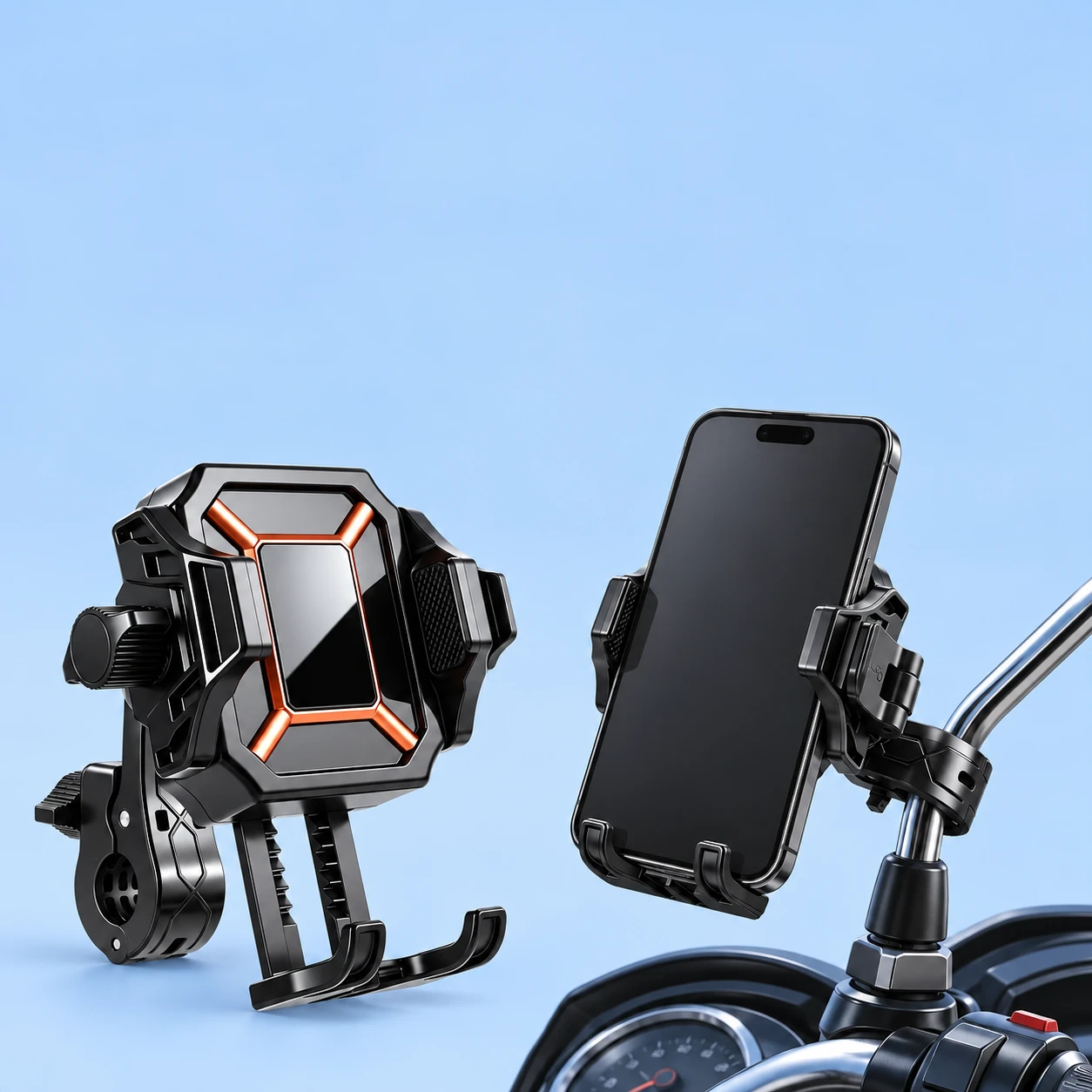 Orange-accent two-jaw phone holder with separate twin-rack lower cradle and original short bracket and split stem collar; empty product left and stationary mirror-stem phone use right., square composition