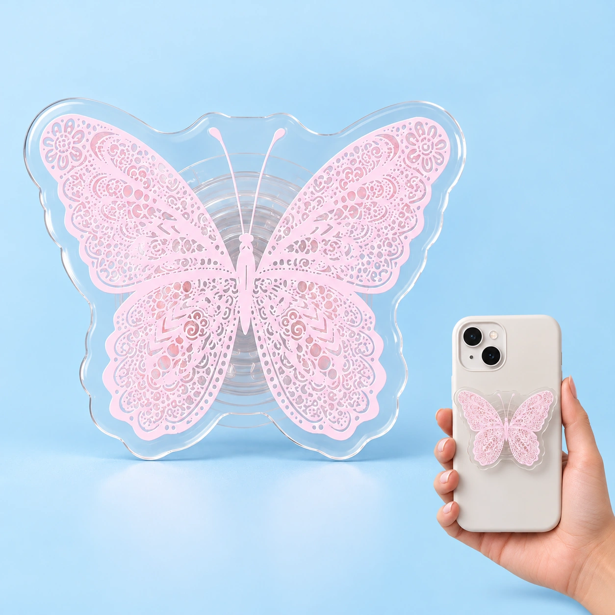 Pink lace-print transparent butterfly phone grip and mounted phone illustration