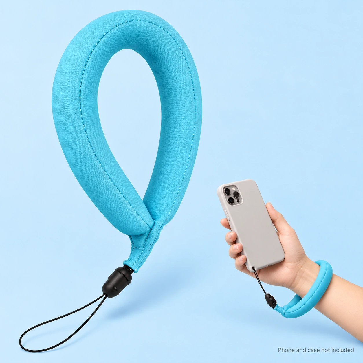 Sky blue padded wrist phone lanyard, shown complete and tethered through a phone-case eyelet