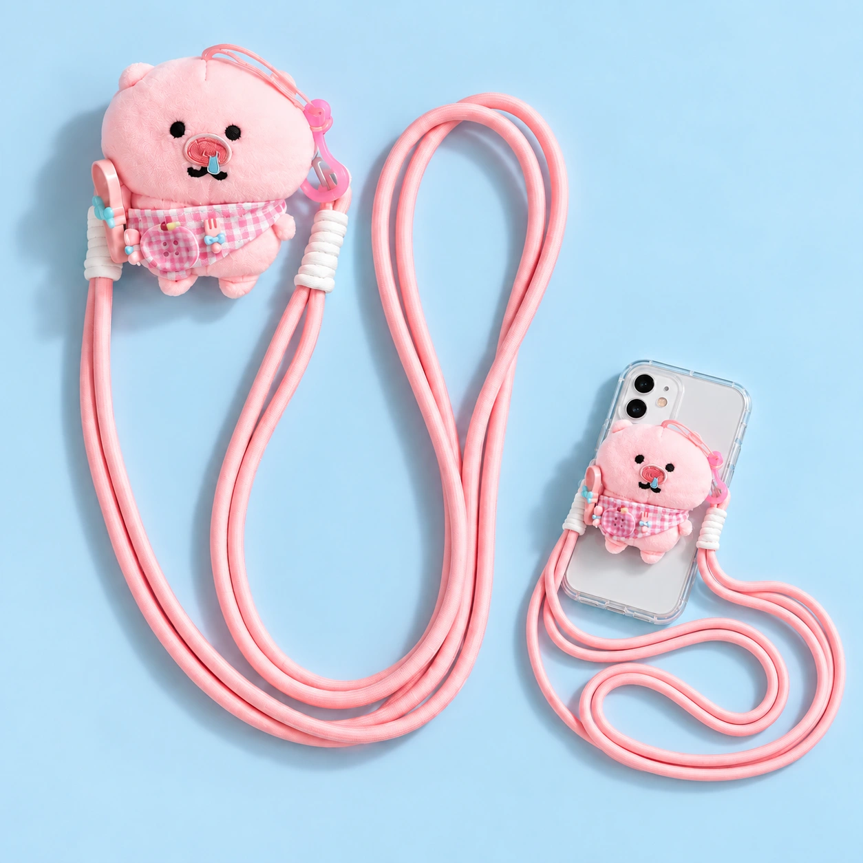Pink bib-pig plush clip-on phone lanyard complete set and phone-case attachment illustration