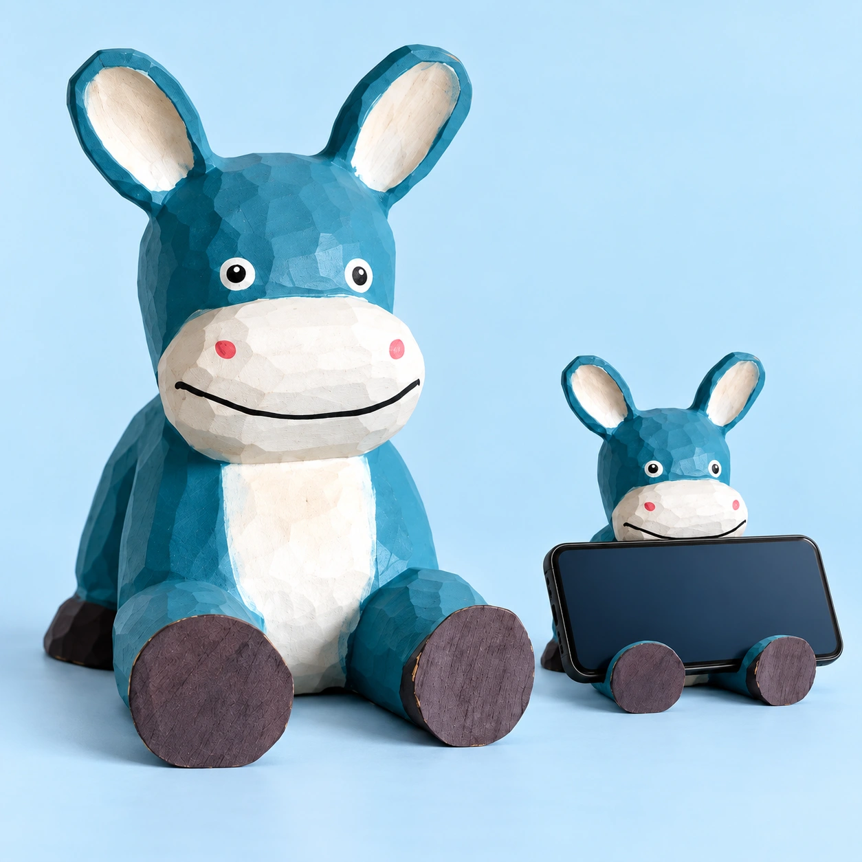 Blue wooden donkey phone stand, complete stand left and landscape phone cradled behind raised hooves right; phone not included