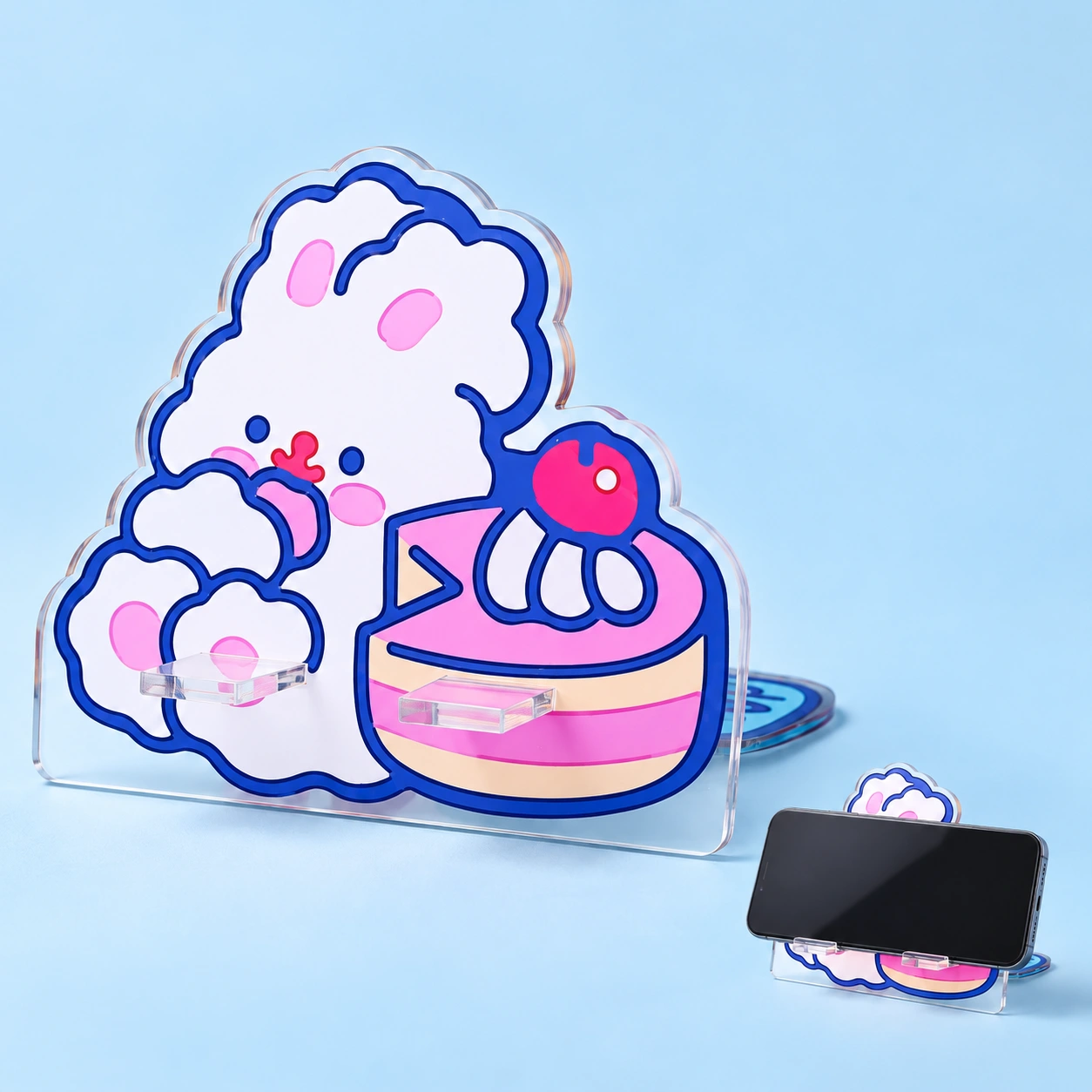 Bunny and cake two-piece acrylic phone stand and landscape phone illustration